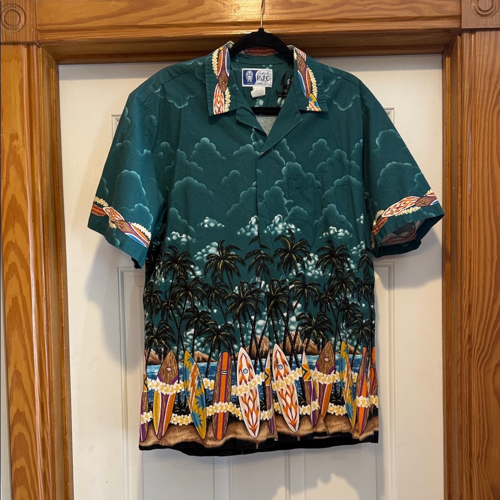 Teal Short-Sleeve Hawaiian Surf Print Camp Shirt Size Large